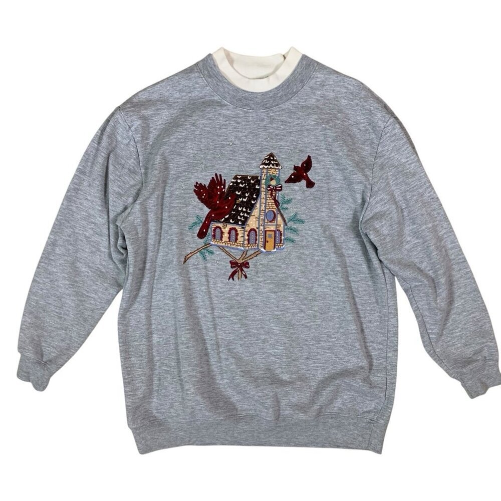 Vintage Gray Christmas Sweatshirt Large Cardinal Bird House‎ Embroidered Crew
